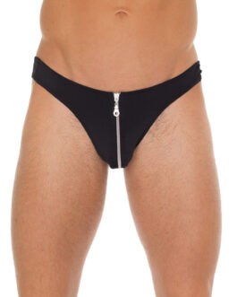 Mens Black G-String With Zipper On Pouch