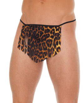 Mens Black G-String With Leopard Loincloth